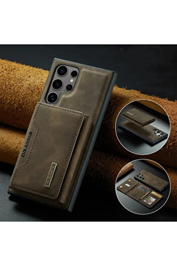 Merwish Samsung Galaxy S23 Ultra Compatible Leather (Imitation) Magnetic Detachable Wallet Cover Case Dark Brown