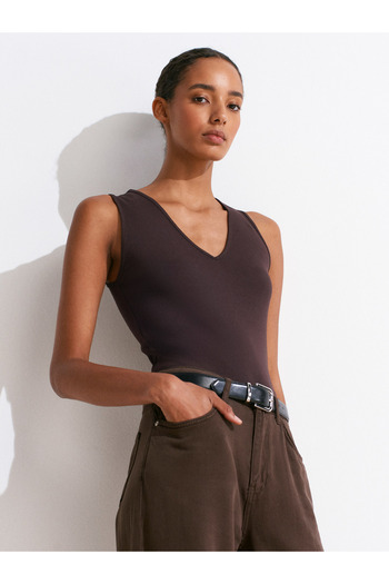 Dilvin 21080 V-Neck Sleeveless Top-Dark Brown