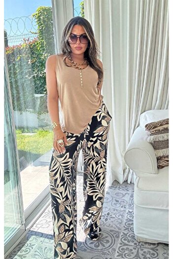 Sohotique By P Viscose Satin Patterned Trousers Brown-Black