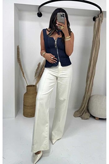 Sohotique By P Full Lycra Striped Spanish Leg Trousers Off White