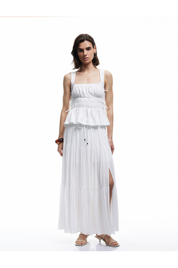 Koton Linen Blend Layered Textured Waist Tie Elastic Midi Flared Skirt