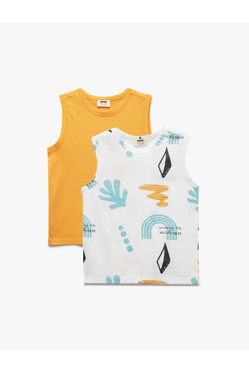 Koton Cotton Printed Crew Neck Sleeveless 2-Piece Undershirt Set