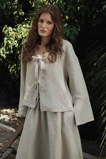 Hooopstore 100% Linen Lace-Up Flowing Stone Kimono