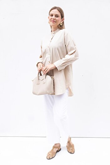 ALLDAY Beige-Gold Button Cotton Poplin Shirt