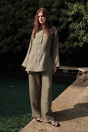 Hooopstore 100% Linen Cut Detailed Flowing Sage Shirt