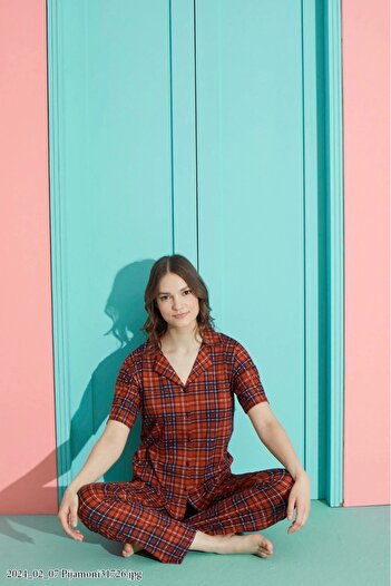 Pijamoni Women's E. Red Milan Fabric Front Button Shirt Collar Pajama Set – 7515