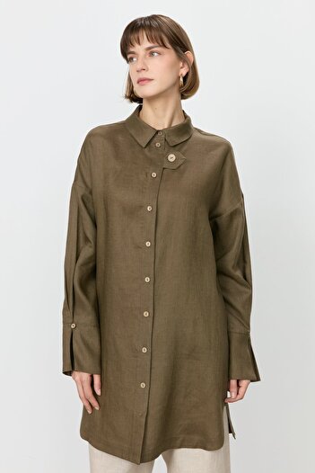 Nihan Kol Detaylı Oversize Keten Tunik Haki