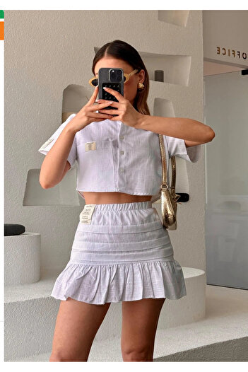 Nura Francy Women's White Linen Skirt Shirt Double Bottom Top Suit