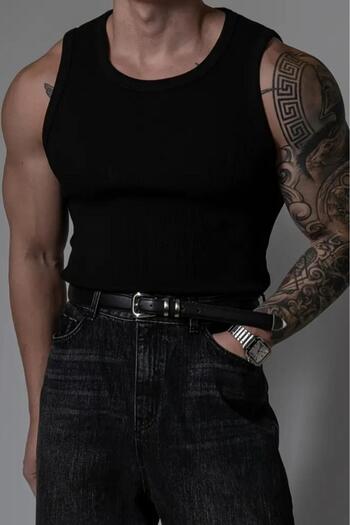 NO 601 Men's Black Slimfit Camisole Rib Plain Tank Undershirt