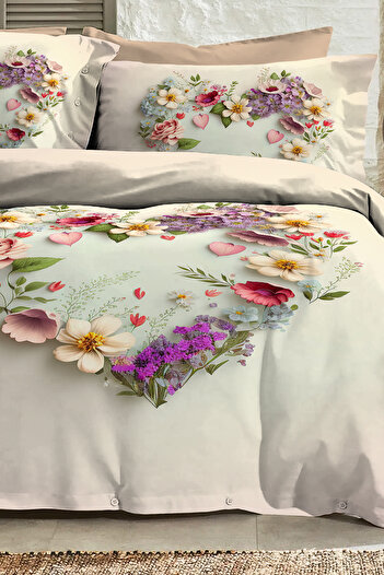 PerlaSera %100 PAMUK Ranforce Çeyizlik Luxury 5D Dijital Çift Kişilik Nevresim Takımı Heart of Roses