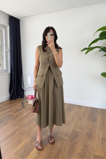 FA Butiq Women's Green Khaki Linen Double Skirt Set