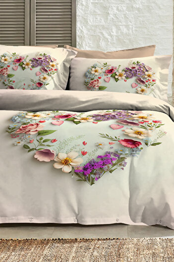 PerlaSera %100 PAMUK Ranforce Çeyizlik Luxury 5D Dijital Çift Kişilik Nevresim Takımı Heart of Roses