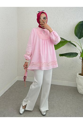 Modamorfo Lace Detailed Collar Tie Sleeve Elastic Shirt -Pink