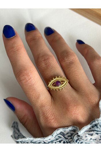 ringbox Çelik Kararmaz Mor Taşlı Göz Yüzük