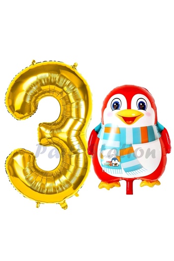 Partifest Cute Penguin Balloon 3 Year Old Birthday Balloon Set Penguin Concept and Gold Color Number Balloon