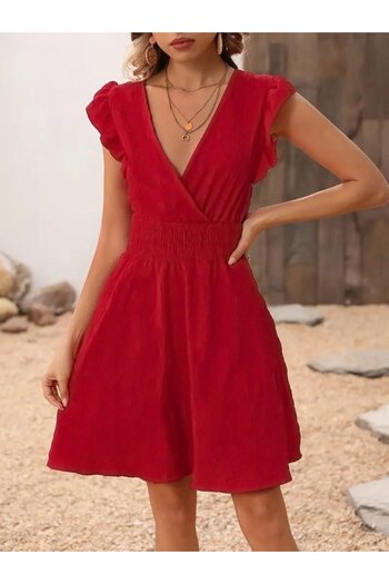 Viyamo New Season Women's Short Sleeve Double Breasted Collar Aerobin Summer Dress with Elastic Waist