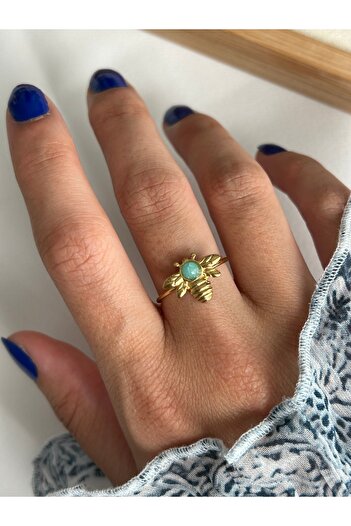 ringbox Steel Tarnish-Free Turquoise Stone Bee Ring