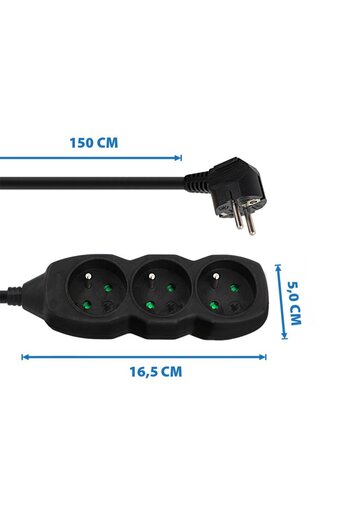 ESPERANZA Prelungitor cu 3 prize si cablu cu lungime de 1.5m, 250V, 16A, sarcina maxima 3680W, ES-96152, negru