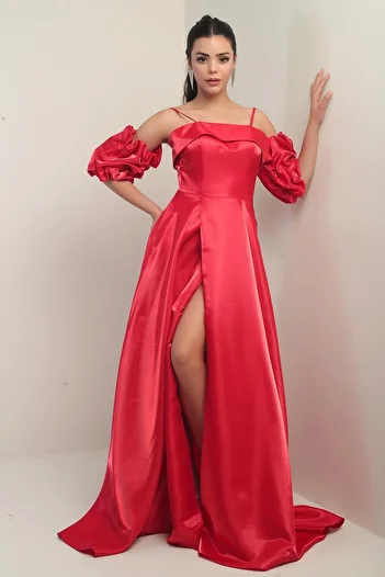 By Saygı Women's Thin Strap Lined Fake Sleeves Long Satin Dress with Pockets