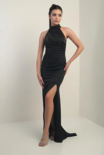 By Saygı Women's Neckline Gathered Front Glitter Lined Dress