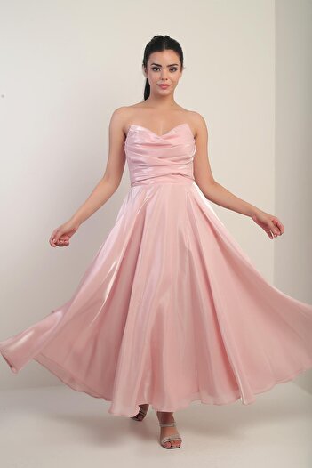 By Saygı Women's Degaje Strapless Neckline Lined Organza Satin Midi Dress