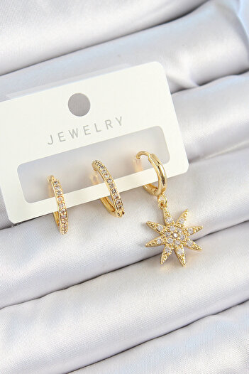 Toptan Bulurum Brass Zircon Stone Pole Star Model Gold Color 3-Piece Double Women's Earring Set