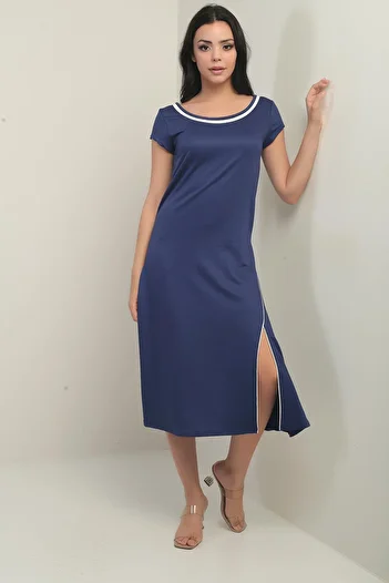 By Saygı Women's Madonna Collar Piping Detailed Slit Crystal Long Dress