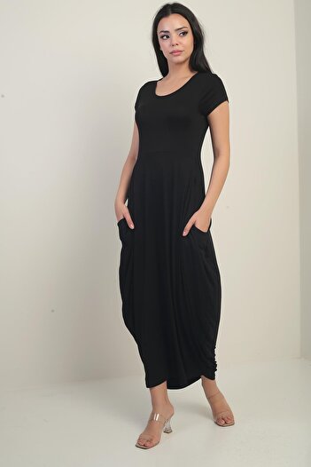 By Saygı Women's Round Neck Pocket Lycra Baggy Dress