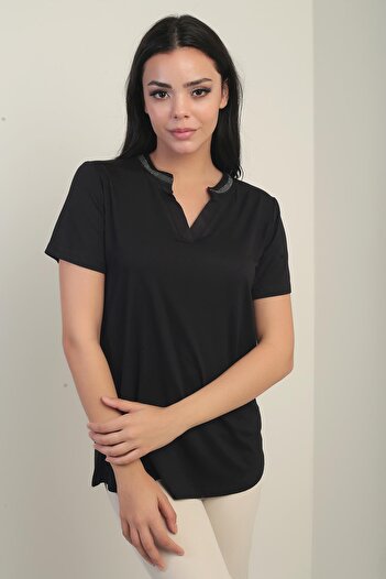 By Saygı Women's Collar Stone Detailed Lycra Blouse