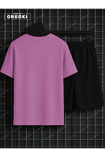 EFFRENATU Scary Wolf Printed Cotton Men's Pink T-Shirt-Black Shorts Set
