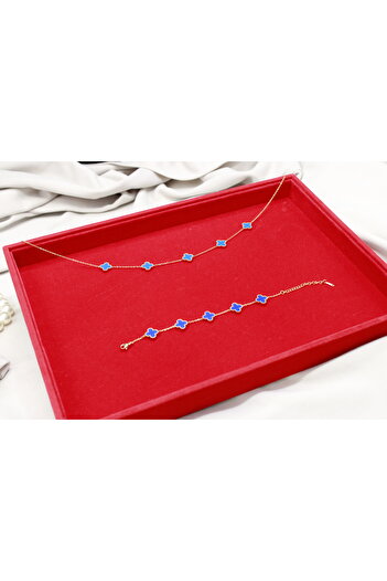 Brand. Gold Plated Blue Clover Necklace & Bracelet Set – Elegant Lucky Charm Jewelry
