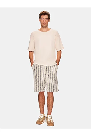 Ltb Μπλουζάκι με κοντό μανίκι με φαρδύ γιακά Basic Loose Beige