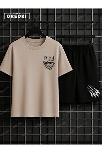 EFFRENATU Scary Wolf Printed Cotton Men's Beige T-Shirt-Black Shorts Set