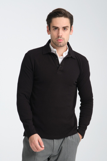 Frappoli Palmas Men's Black Slim Fit Polo Neck Sweatshirt Waffle Patterned Non-Curling Collar