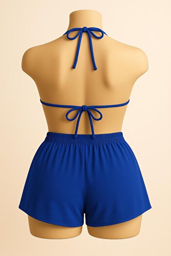 Stail Moda Kadın Mavi Yandan Ve Boyundan Bağlamalı Şort Tangalı Üçgen Bikini Gecelik Deniz Takımı