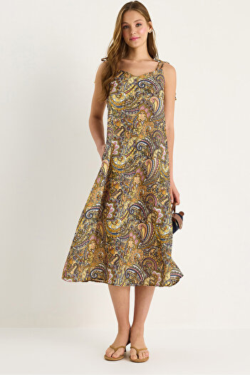 Bianco Lucci Women's Tie Strap V-Neck Pocket Detailed Patterned Midi Dress 25-083 60283458