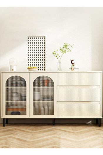 sharpdo Creamy White Modern Simple Sideboard Storage Cabinet, Transparent Door, With 3 Storage Drawers