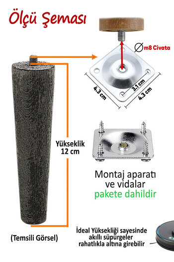 GLASWEN 8 bucăți picioare din lemn 12 cm negru cu dispozitive de fixare cu șuruburi M8 pentru mobilier dulap scaun picior de susținere a canapelei