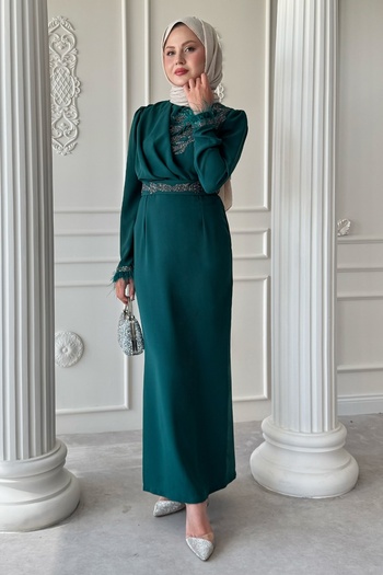 InStyle Stone Collar Feather Sleeve Emerald Green Evening Dress