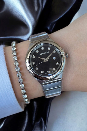 Dice Kayek Calendar Zircon Stone 5Atm Waterproof Black Dial Steel Women's Wristwatch with Bracelet Gift