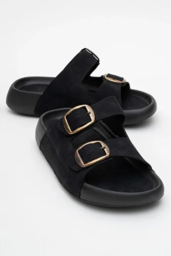 CCWAY AYAKKABI Men's Gold Buckle Slippers Black
