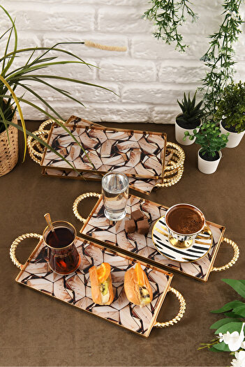 HELVACIOĞLU AKSESUAR 6 Pieces Coffee, Cake, Cake, Baklava, Cookies, Tea Presentation Tray with Handles 12X25 cm Gold