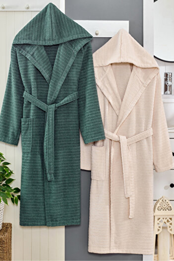 Eponj Home Μπουρνούζι με κουκούλα 2 τεμαχίων Nature Green - Beige