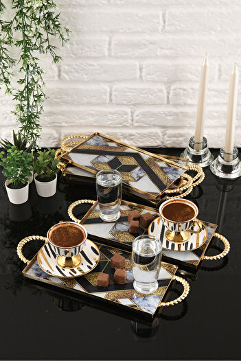 HELVACIOĞLU AKSESUAR 6 Pieces Coffee, Cake, Cake, Baklava, Cookies, Tea Presentation Tray with Handles 12X25 cm Gold