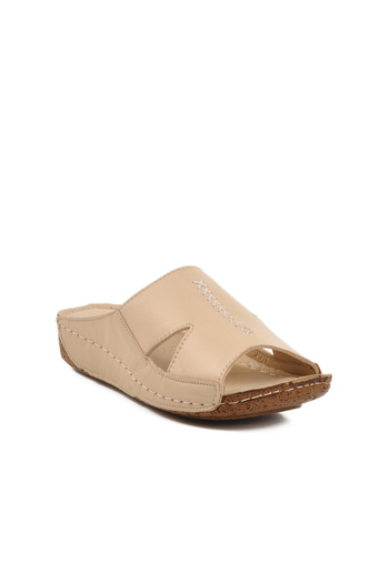 AYK'S Beige Genuine Leather Women's Slippers 012 Z
