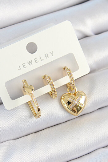 norsary Brass Zircon Stone Heart Model Gold Color 3-Piece Double Women's Earring Set