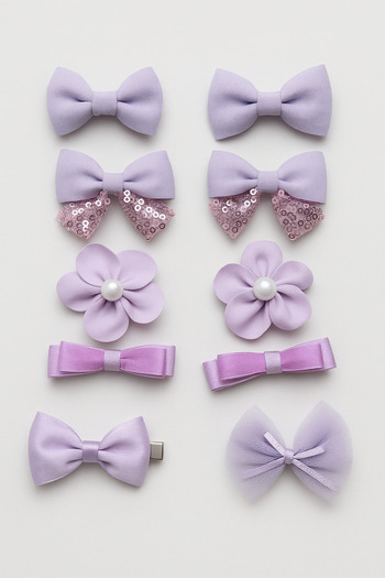 Magu Girl's Lilac Colored 10-Piece Buckle Set – Bow, Pearl Flower and Sequin Detail
