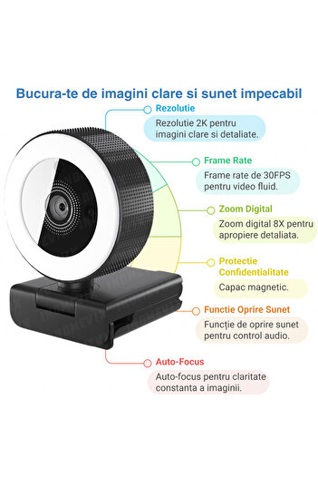 INOMEVIX Camera Web 2k Qhd, 4mp, Microfon Dual, Auto Focus, Led, Capac, Plug And Play, Webcam