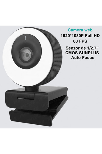 INOMEVIX Cameră web 1080p Full HD, 60 Fps, focalizare automată, LED, capacitate magnetică, conectare plug and play