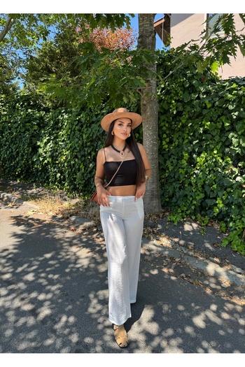 mekabutik White Elastic Waist Linen Trousers